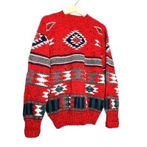 Studio Michelle Stuart Pullover Retro Sweater Red Aztec Hand Knit Vintage M